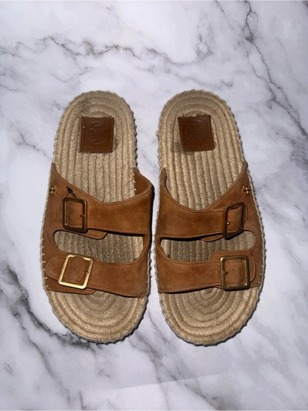Tory Burch Tan Suede Double-Buckle Espadrille Slide Sandals